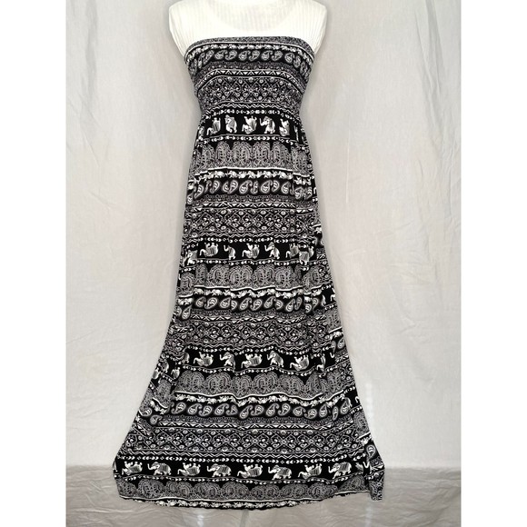 Allison Brittney Strapless Maxi Dress Black & White Elephant Print Smocked Top - Picture 1 of 8